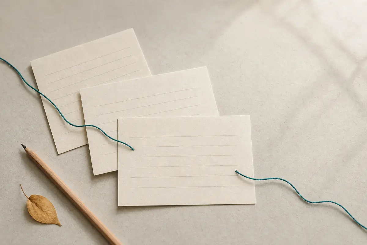 重ねた紙のカードと、つながる青緑の糸